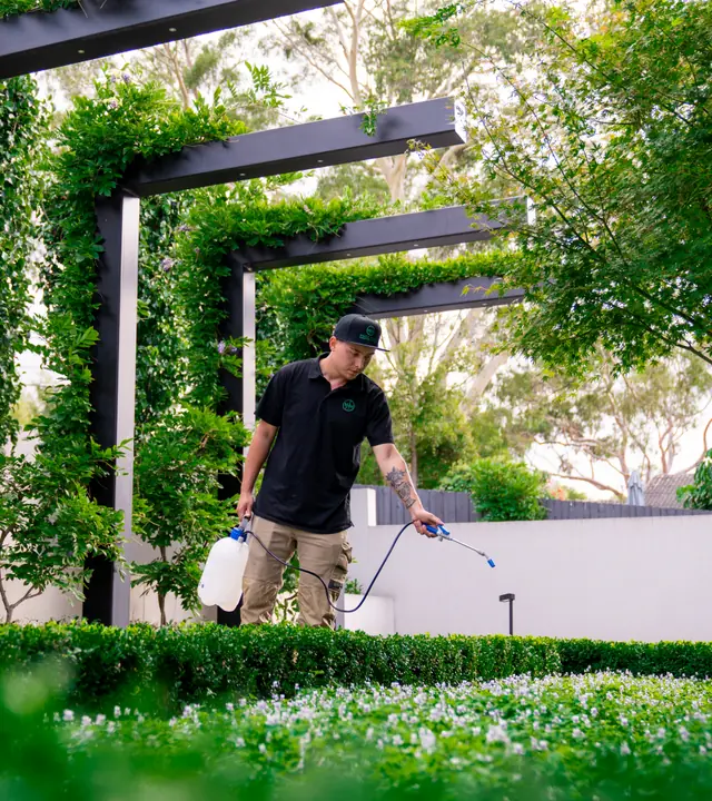 Garden care team applying fertiliser to a residential garden