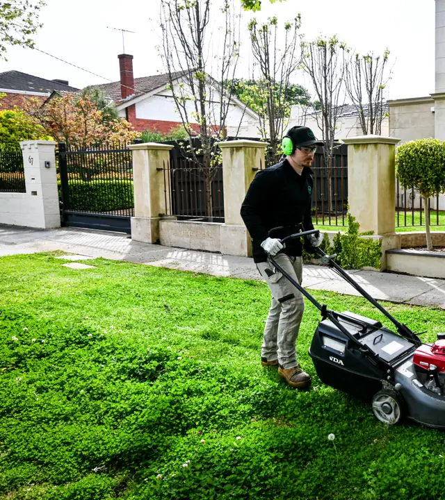 Garden care team mowing and edging a lawn